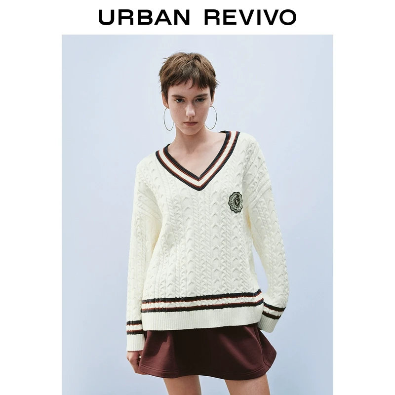 UR2025秋季新款女装美式学院风撞色徽章刺绣针织衫UYY950029
