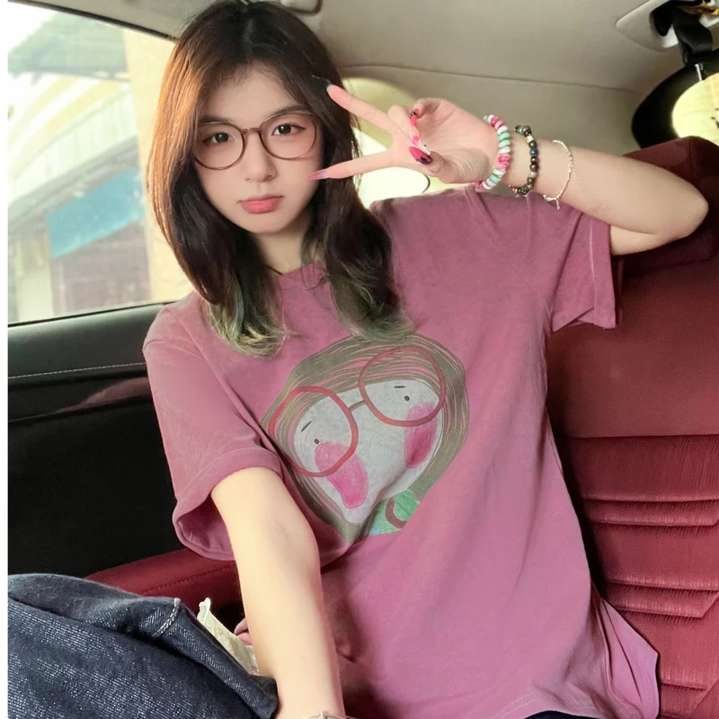卡通晕染印花短袖t恤女夏季宽松慵懒风休闲百搭圆领半袖体恤上衣