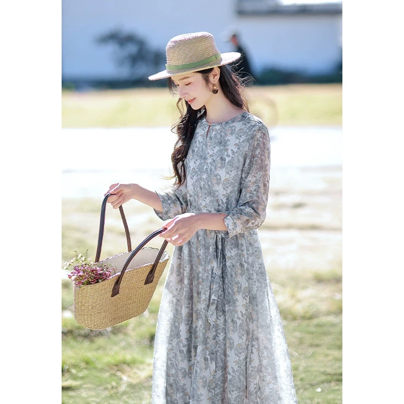 红念天丝复古印花连衣裙女休闲春装2025年新款女装气质春季裙子