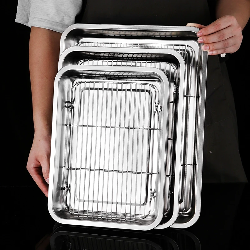 304食品级不锈钢方盘带网控油架沥水盘滤油盘架托盘熟食展示盘