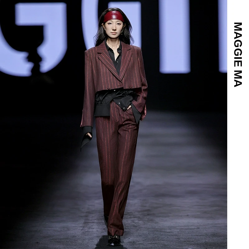 MAGGIE MA马婧设计师款时髦竖条纹短款西装外套高腰显瘦西裤851D