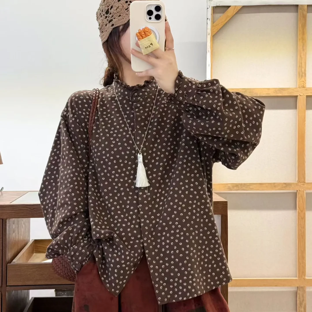 洋气时髦减龄秋季碎花排扣长袖衬衫百搭显瘦上衣