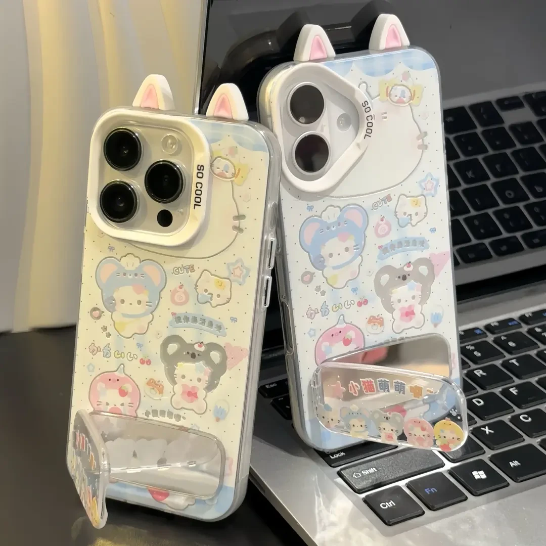 适用苹果16可爱考拉头套kt耳朵镜子支架手机壳华为vivo小米15oppo