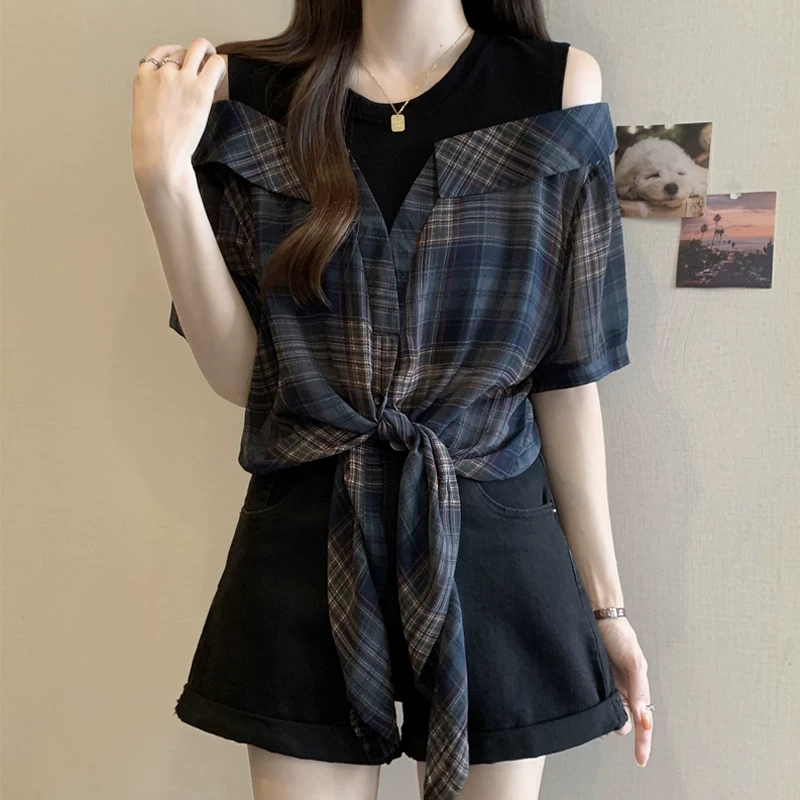 设计感假两件短袖格子衬衫女夏大码胖mm显瘦时尚欧货小衫露肩上衣