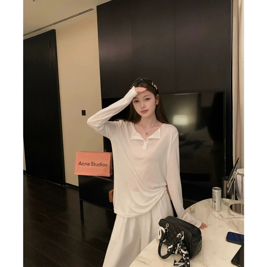 气质翻领防晒长袖t恤女夏季薄款百搭透气慵懒高级感休闲微透上衣