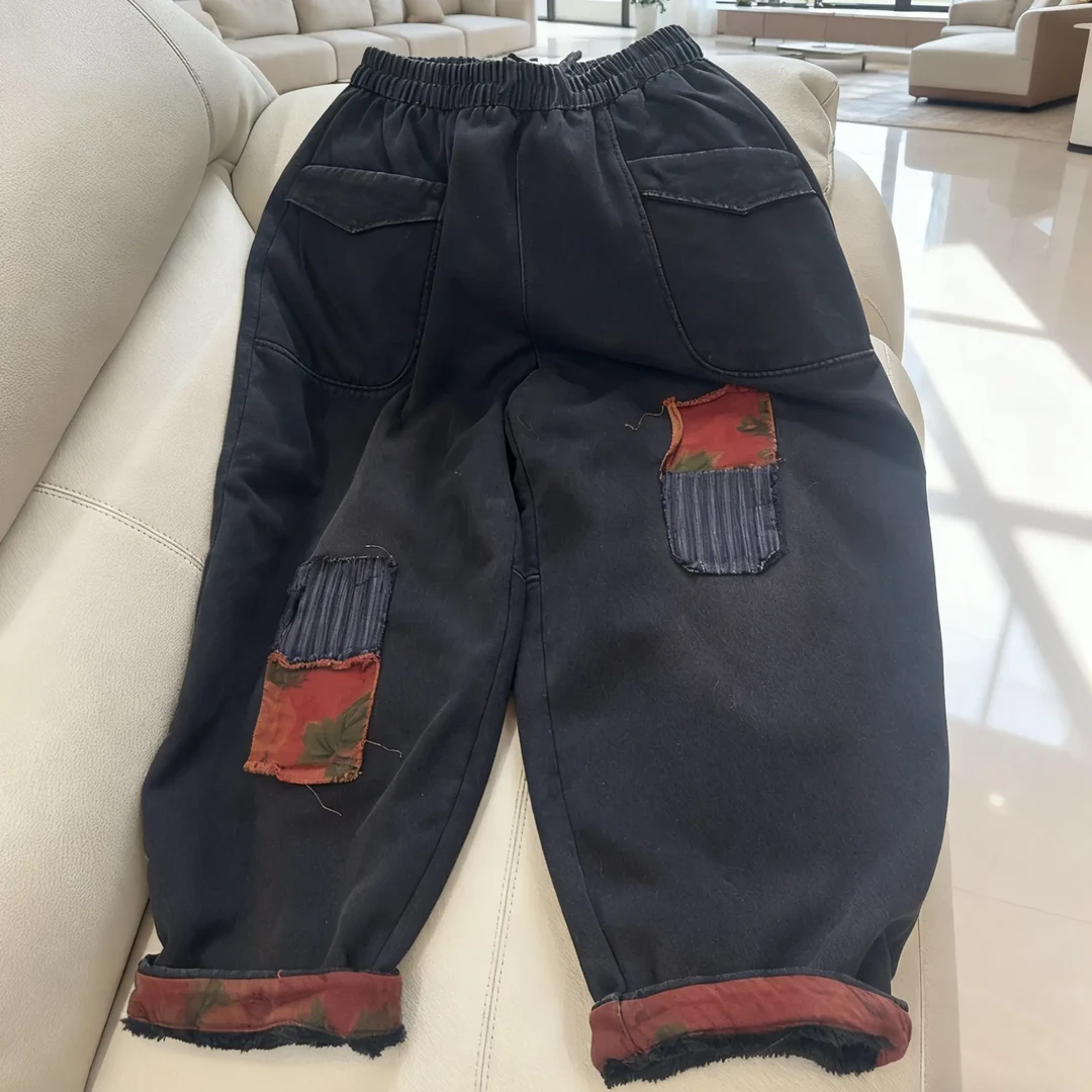 冬季新款加绒宽松显瘦百搭贴布老爹哈伦休闲裤