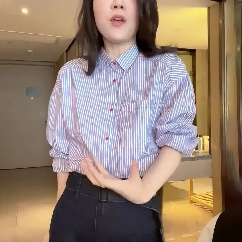 法式蓝色条纹衬衫女秋季轻奢高级感时尚洋气减龄内搭叠穿衬衣上衣