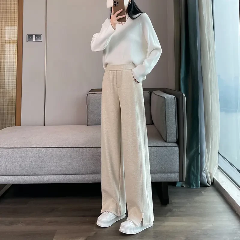 人字纹加绒阔腿裤秋冬保暖裤休闲时尚百搭毛呢开叉香蕉直筒裤女裤