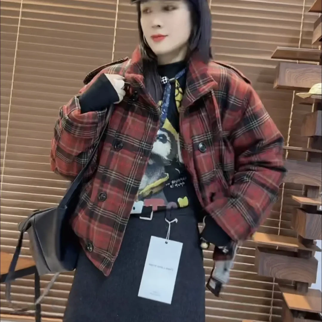 冬季新款格子加棉加厚连帽拼接设计感单排扣棉服外套女士
