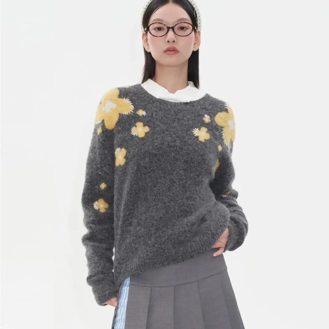 HERLIAN2025年秋季新品女士撞色花朵图案设计针织衫毛衣