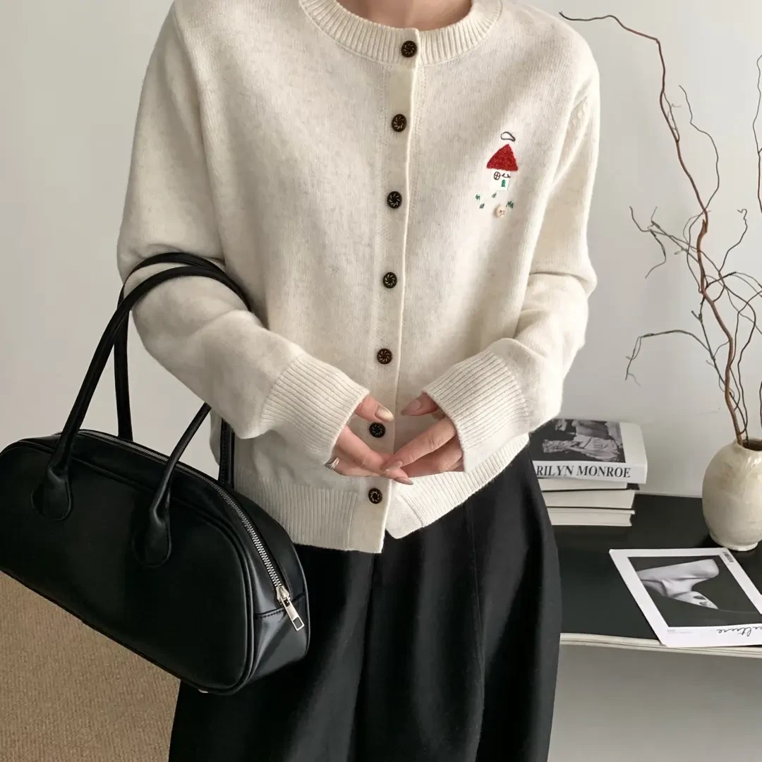 韩系宽松秋冬羊毛刺绣针织开衫女款时尚百搭