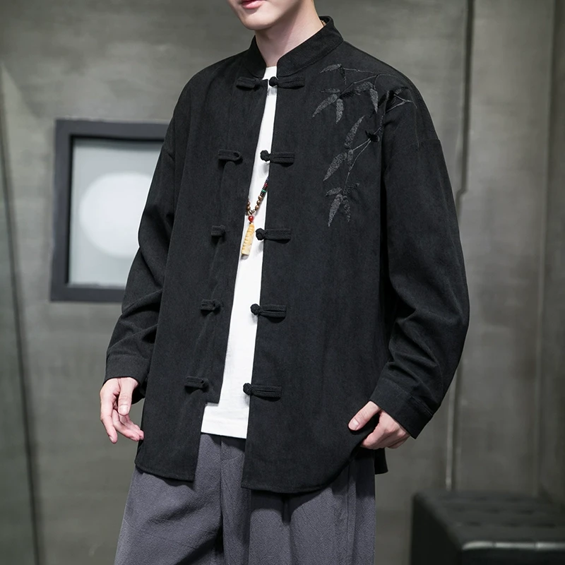 中国风男装新中式立领衬衫复古盘扣长袖上衣大码刺绣唐装古风外套
