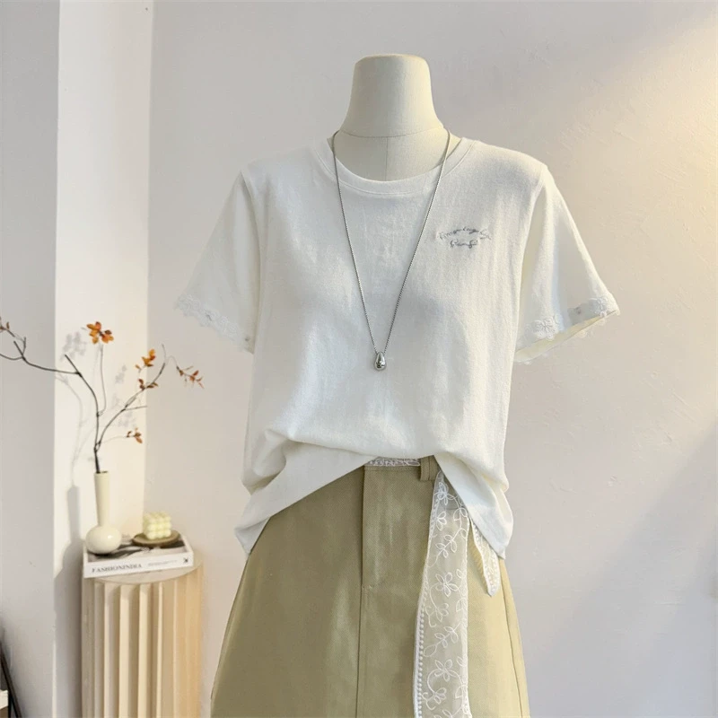 蕾丝花边拼接正肩短袖T恤女2025夏宽松字母刺绣圆领半袖体恤上衣