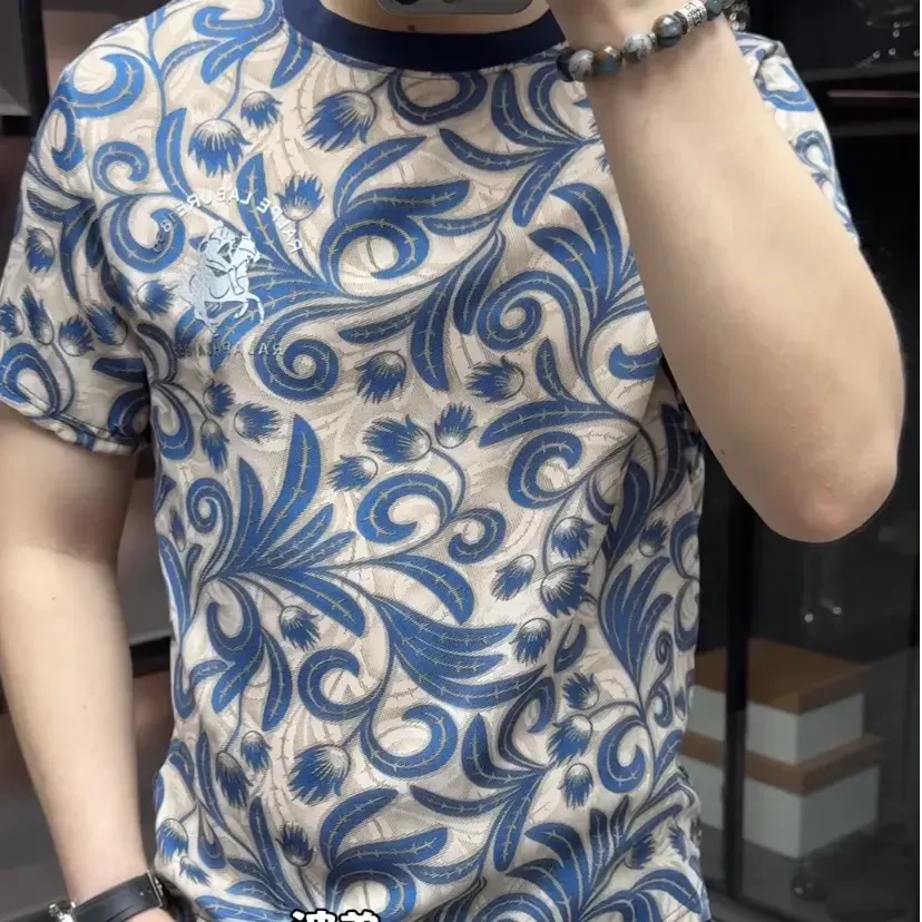 超薄冰感凉爽丝滑男士短袖T恤时尚百搭潮流印花夏季半袖