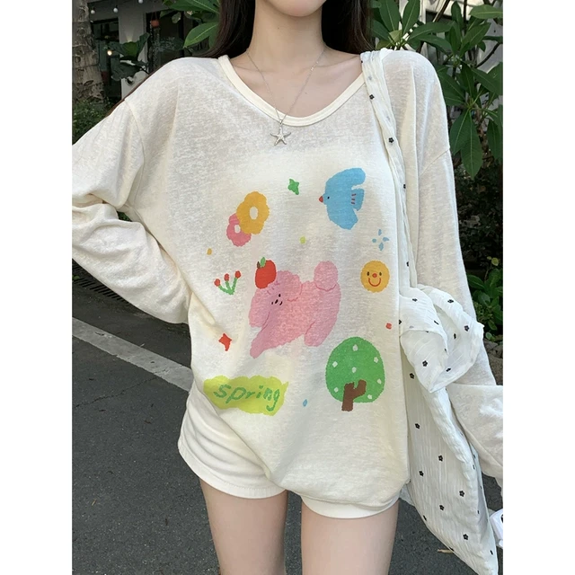 可爱印花薄款雪花棉防晒罩衫女夏季V领宽松长袖松弛感外搭上衣T恤