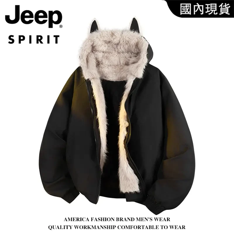 JEEPSPIRIT吉普座山雕耳朵连帽情侣棉衣秋冬季宽松加绒保暖棉衣男