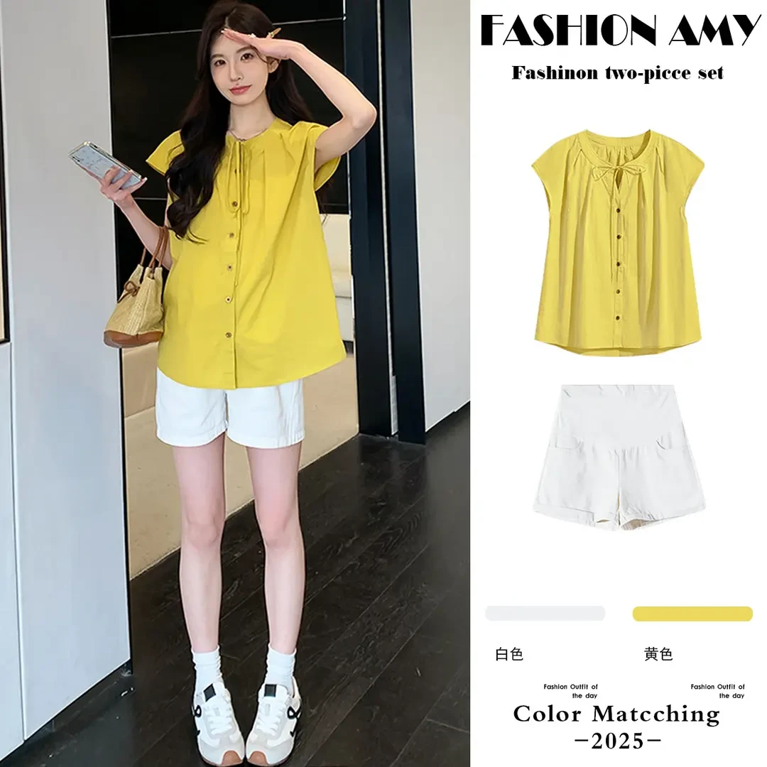 孕妇套装夏装新款洋气时尚小个子显瘦小飞袖系带衬衫上衣休闲短裤