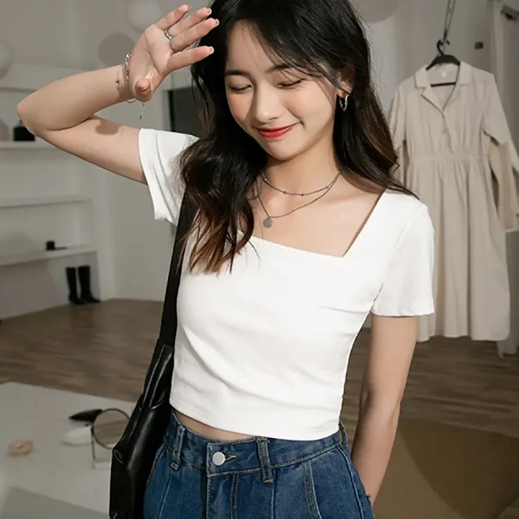 白色方领短袖t恤女夏季女装修身紧身短款高腰小众露脐别致上衣ins