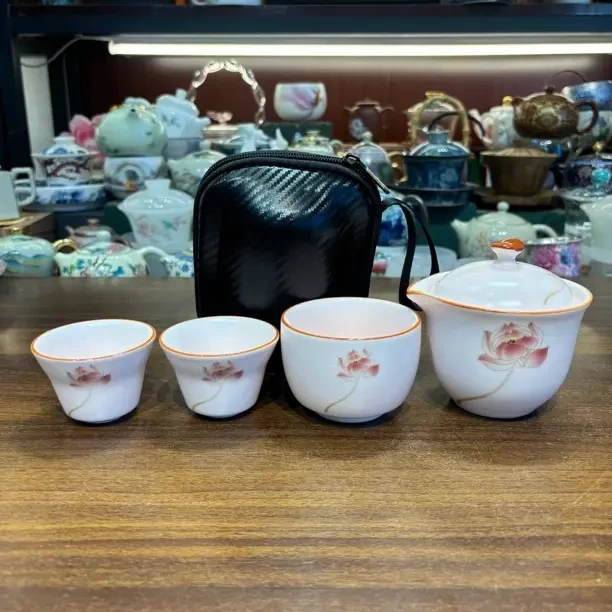 粉色汝窑荷花一壶三杯手抓旅行茶具户外便携式-4483