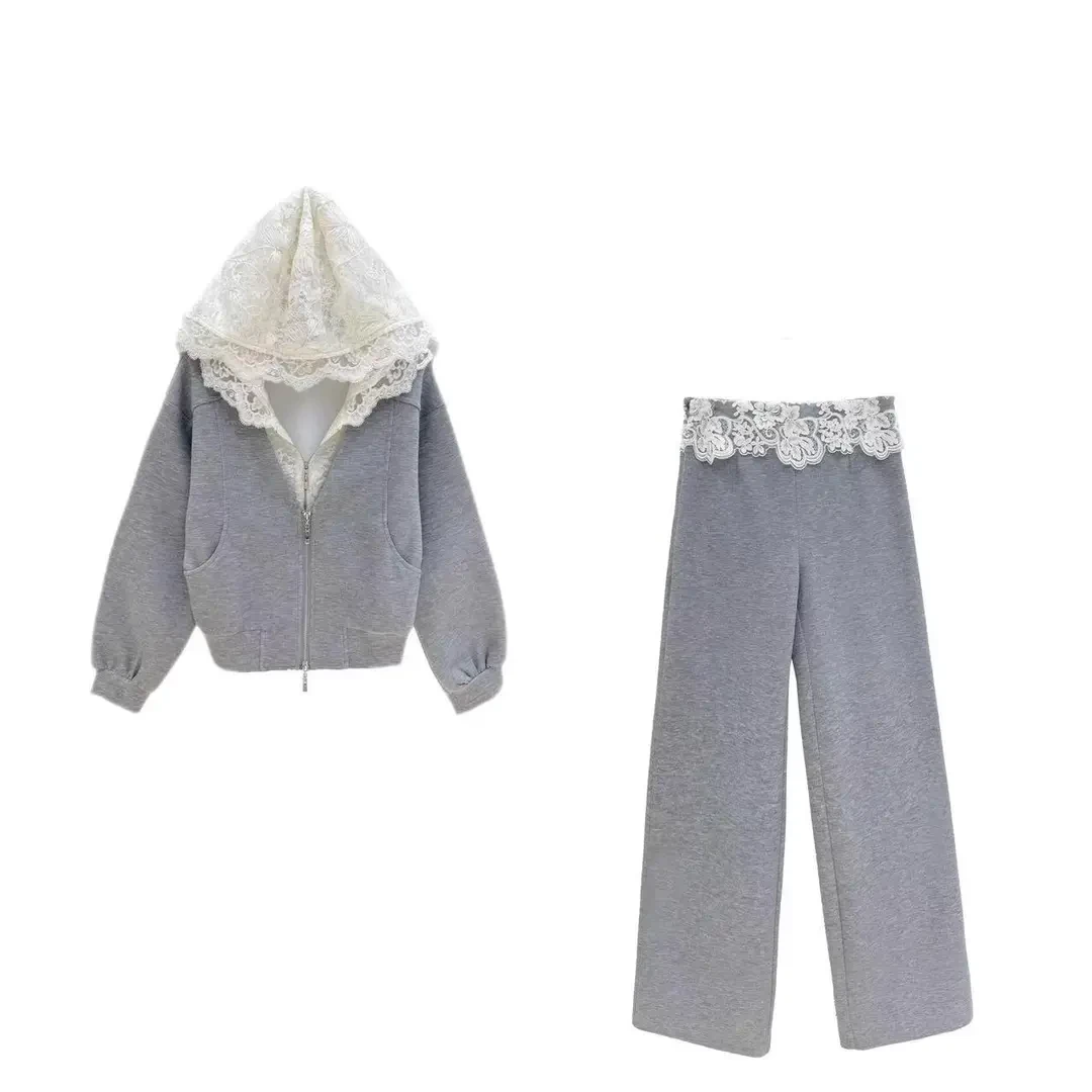 灰色设计感蕾丝拼接连帽卫衣套装女春季新款阔腿裤休闲减龄两件套