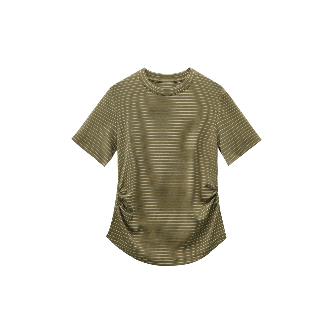 条纹正肩T恤短袖显瘦上衣收腰设计感小众百搭半袖夏季 LF40504T1