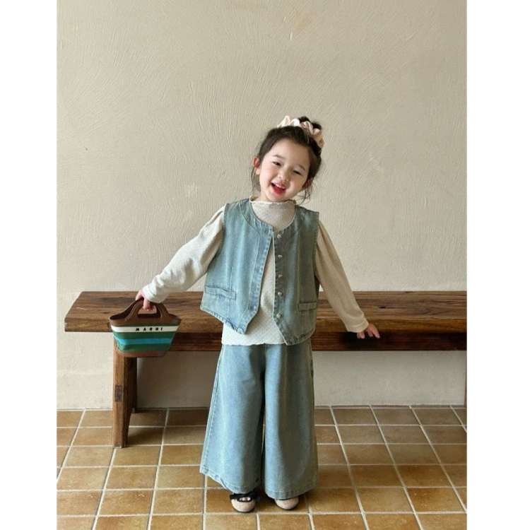 童装女童韩版牛仔套装2025春季新款儿童马甲牛仔阔腿裤两件套潮