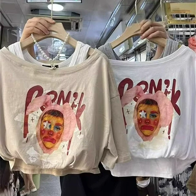 设计感小众假两件小丑印花T恤短袖女2023夏季背心宽松短款上衣薄