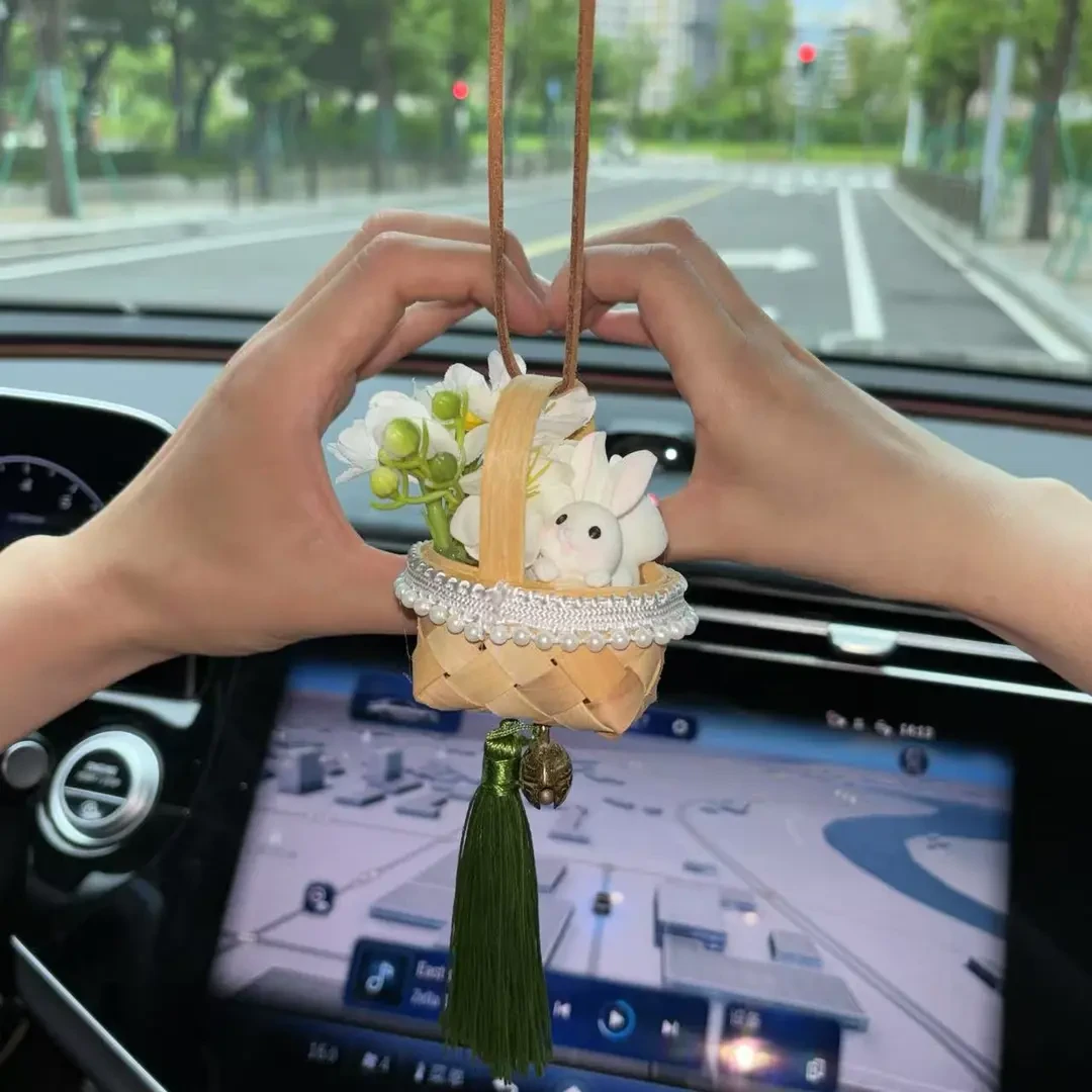 【桃气】七夕兔兔挂件竹编风铃车载挂件情侣送男友女友成品礼物