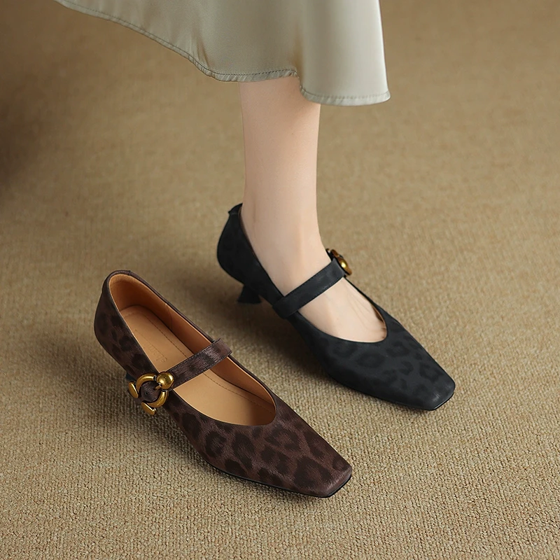 4.5cm豹纹羊皮气质方头高跟鞋女细跟2025新款春秋浅口单鞋通勤鞋