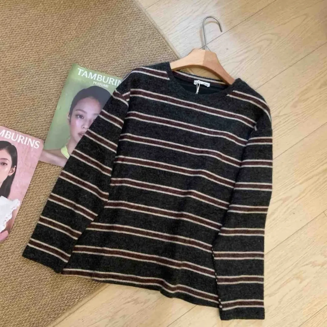 erume加绒套头条纹T恤卫衣女