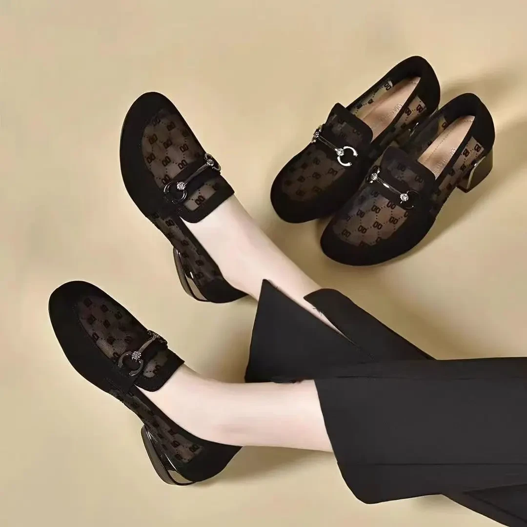 2025新款镂空网纱女夏款百搭舒适凉鞋圆头绒面单鞋低跟豆豆鞋