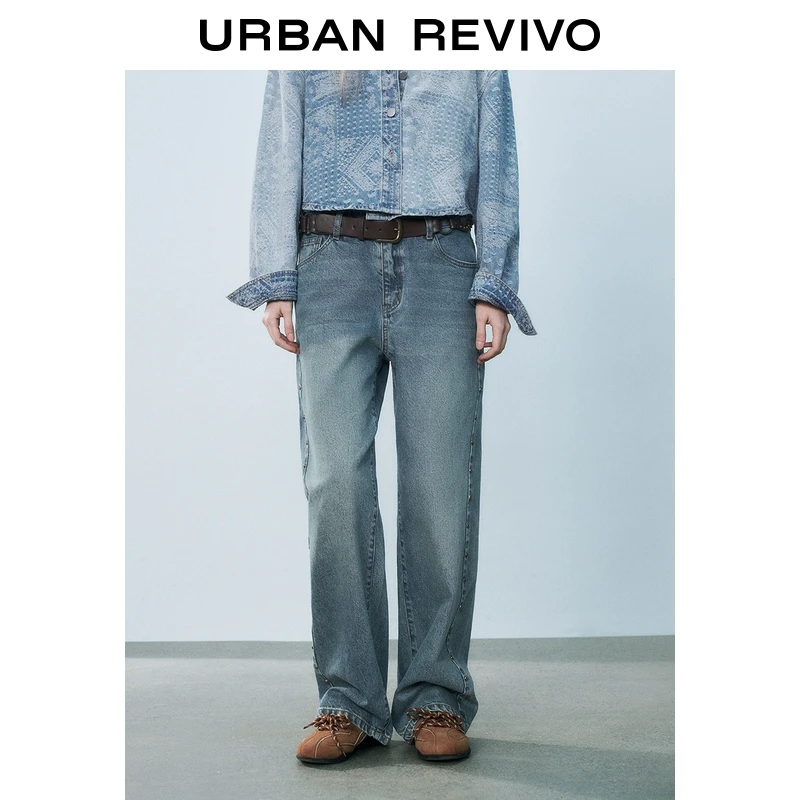 UR2025春季新款女装欧若风休闲水洗棉质铆钉牛仔长裤UYL850024