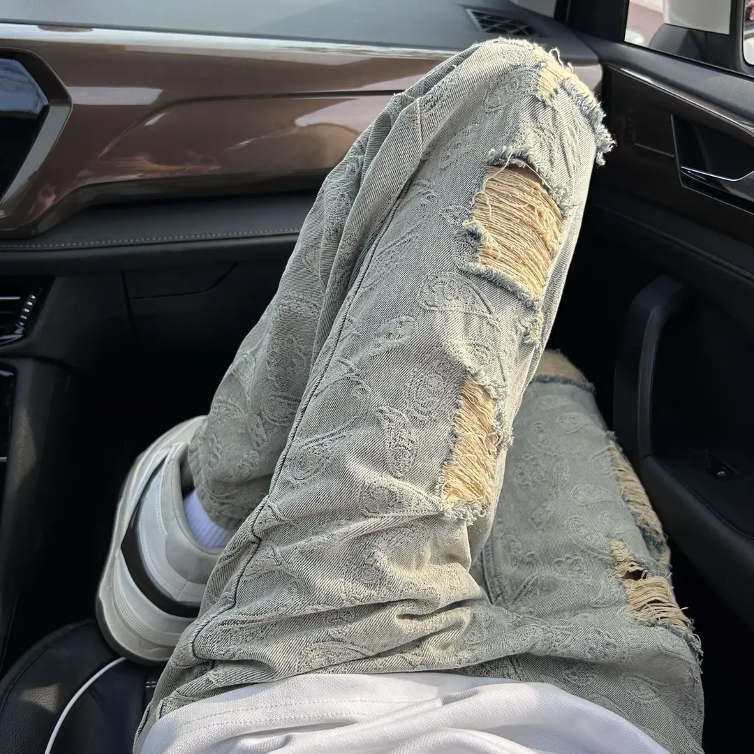 美式高街潮牌提花痞帅牛仔裤男士宽松直筒潮流个性百搭腰果花裤子