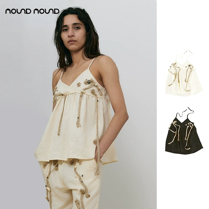 【LAVA MAMA】noundnound设计感亚麻织带钉珠吊带背心女25春夏新款