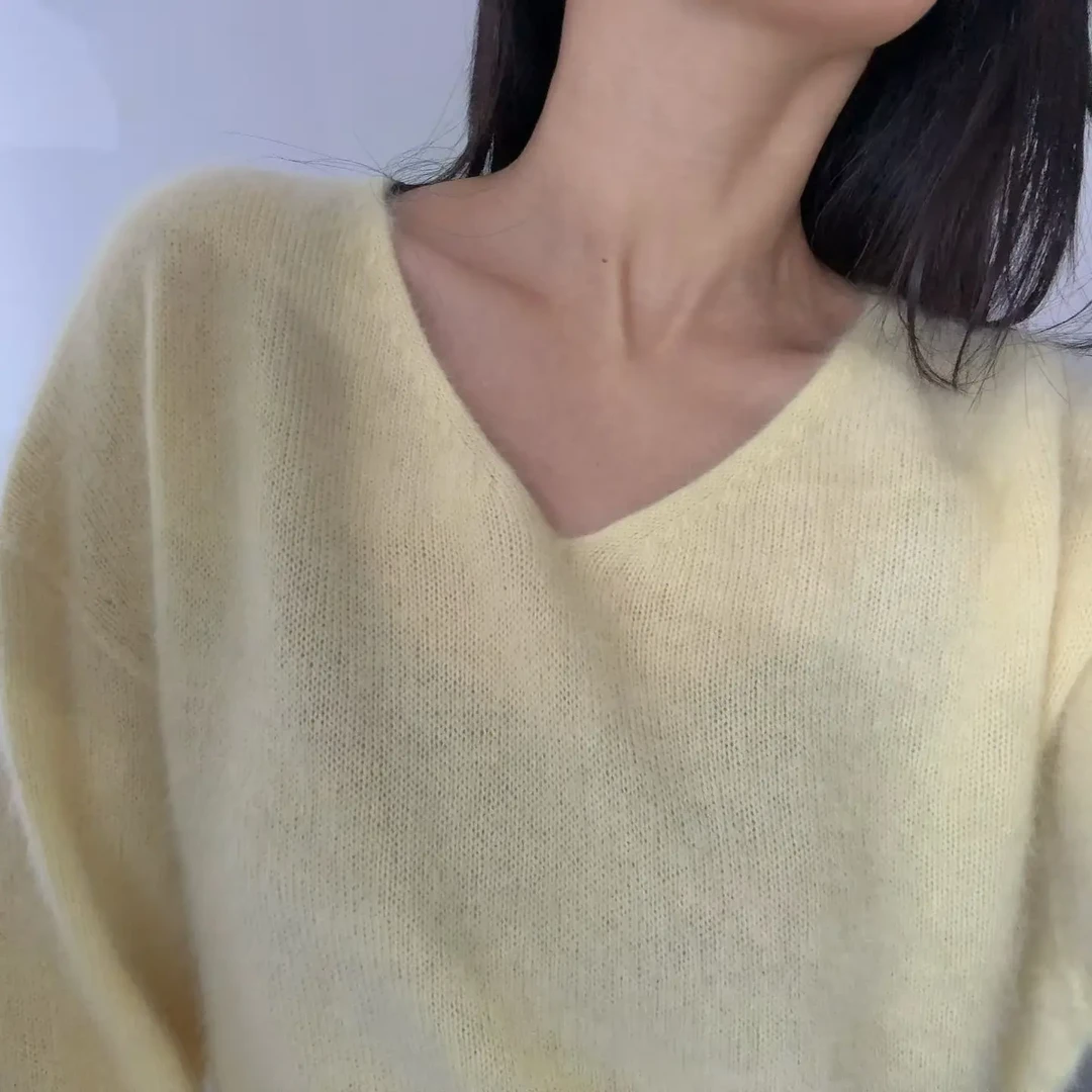 羊毛拉绒拉毛V领慵懒风秋冬保暖套头针织衫