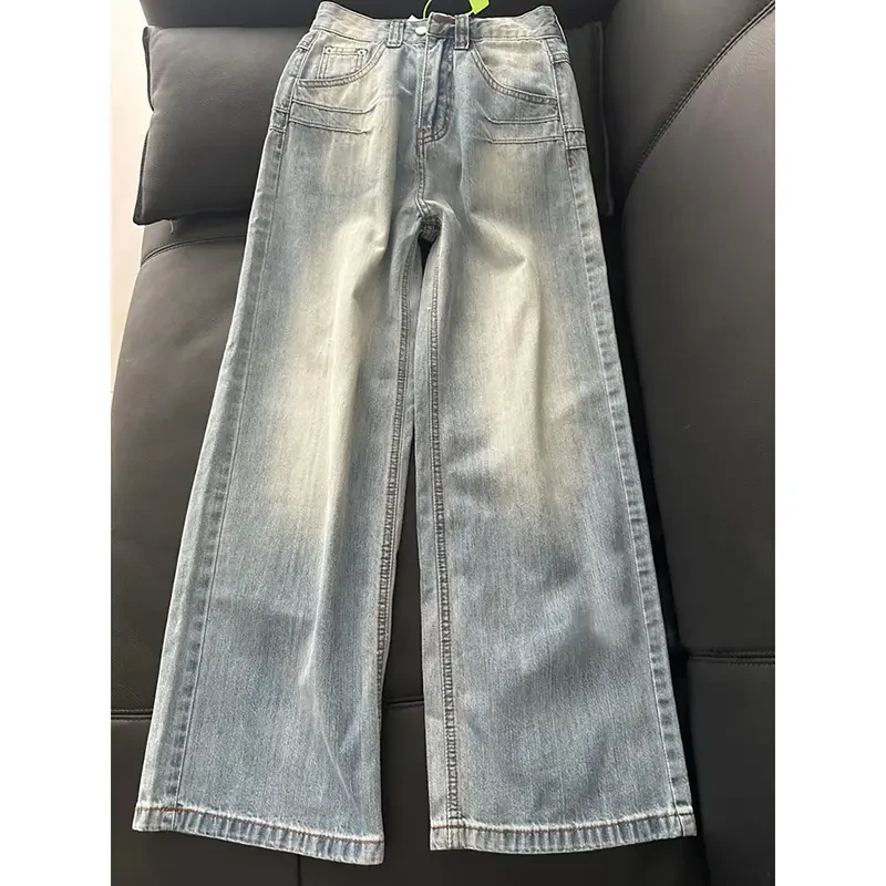 刺绣设计感阔腿牛仔裤女2025春季新款复古水洗做旧宽松垂感拖地裤
