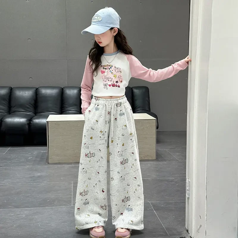 女款涂鸦猫咪裤时尚流行阔腿中大童女裤