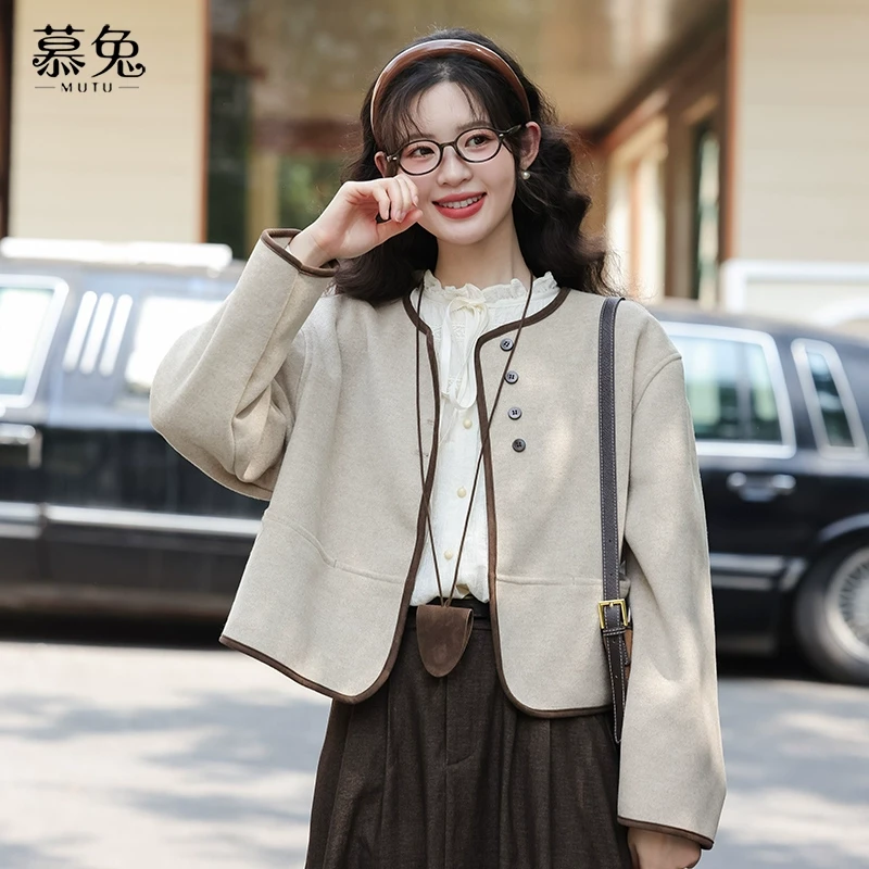慕兔韩系小香风灰色毛呢外套女2024秋新款高级感宽松短款长袖上衣