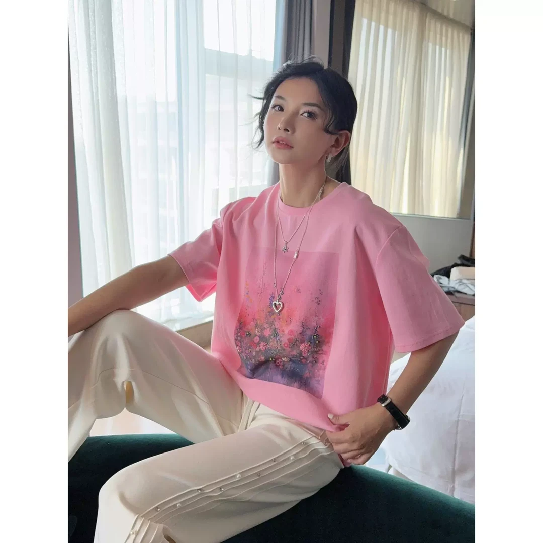 2025早春新款宽松减龄纯色重工钉珠片花朵印花短袖t恤