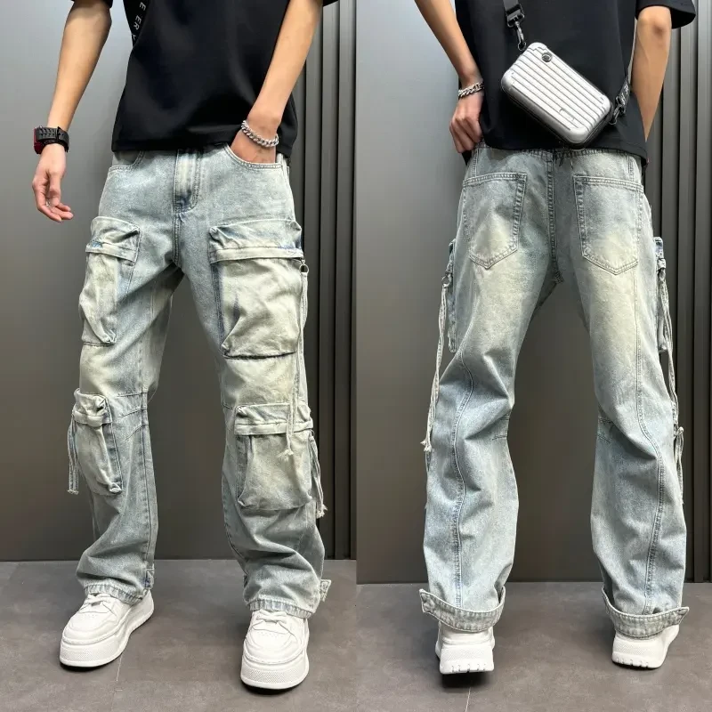 男士春季立体拼接浅蓝牛仔裤多口袋工装设计直筒水洗网红牛仔裤