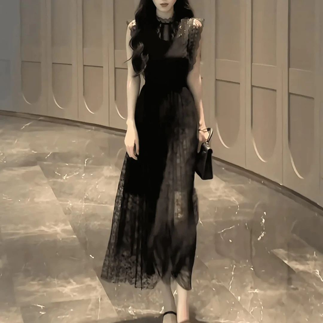 高端品质法式连衣裙2025夏季流行气质收腰显瘦设计感蕾丝中长裙女
