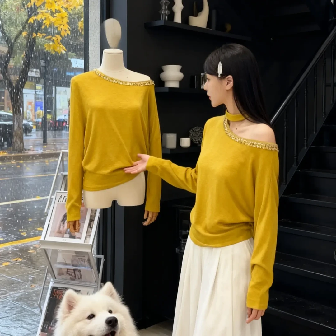 斜领女纯欲风长袖上衣秋季新款时尚亮片显瘦休闲风气质露肩T恤女