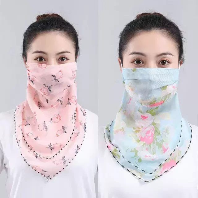 防晒三角巾夏季雪纺面纱护颈女挂耳防紫外线薄款丝巾围脖遮阳骑行