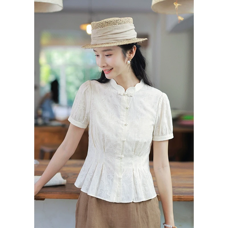 红念新中式米杏色盘扣衬衫女短袖修身设计感夏季2025新款气质上衣
