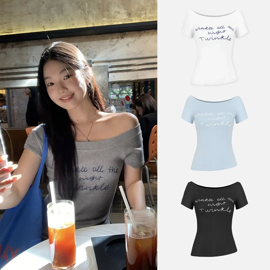 【女高】夏季短款上衣修身气质辣妹显瘦一字肩小众不规则T恤打底女