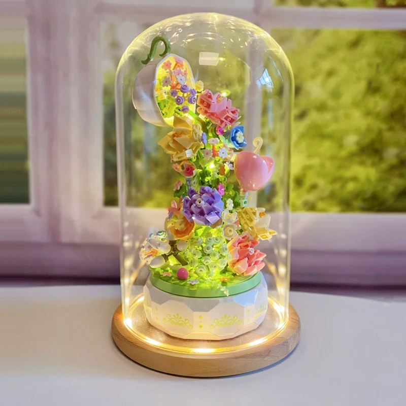 森宝花颜茶语拼插积木瀑布花八音盒灯光音乐盒情人节女孩生日礼物