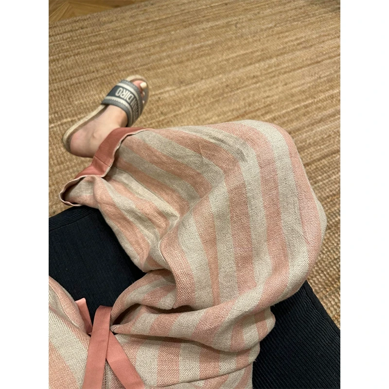 韩版设计感高腰条纹亚麻长裤睡裤女春秋款2025新款遛弯裤家居裤夏