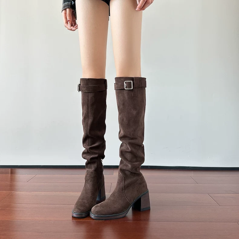 不过膝长筒靴女2025秋冬新款美拉德褶皱堆堆靴西部高跟瘦瘦骑士靴
