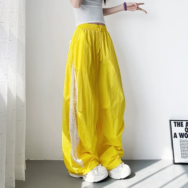 多巴胺夏天裤子女胖mm宽松蕾丝花边运动冰丝防晒松弛感阔腿工装裤