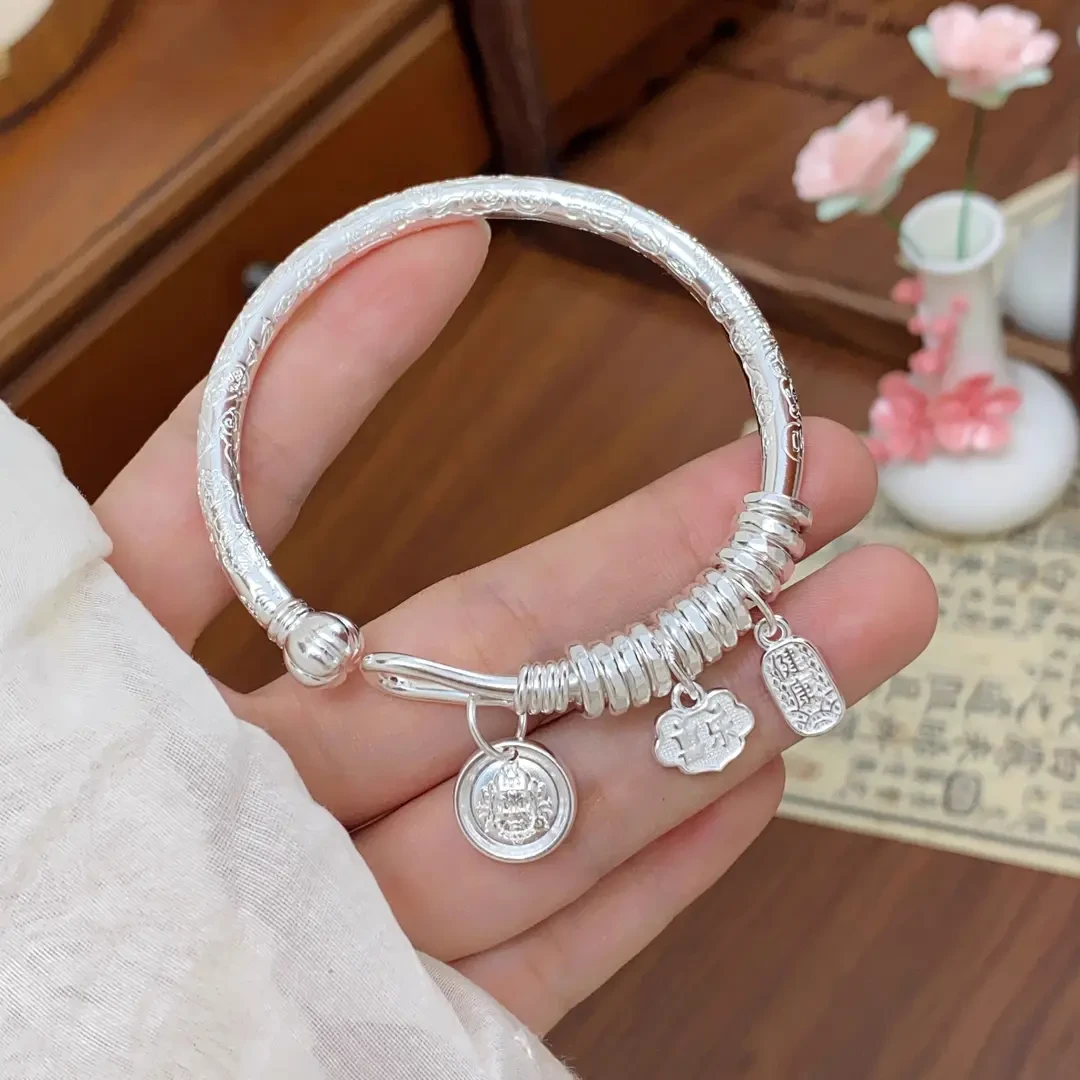 足银手镯999银纯银手镯黄财神吉言盘缠镯子南瓜开口镯七夕送女友